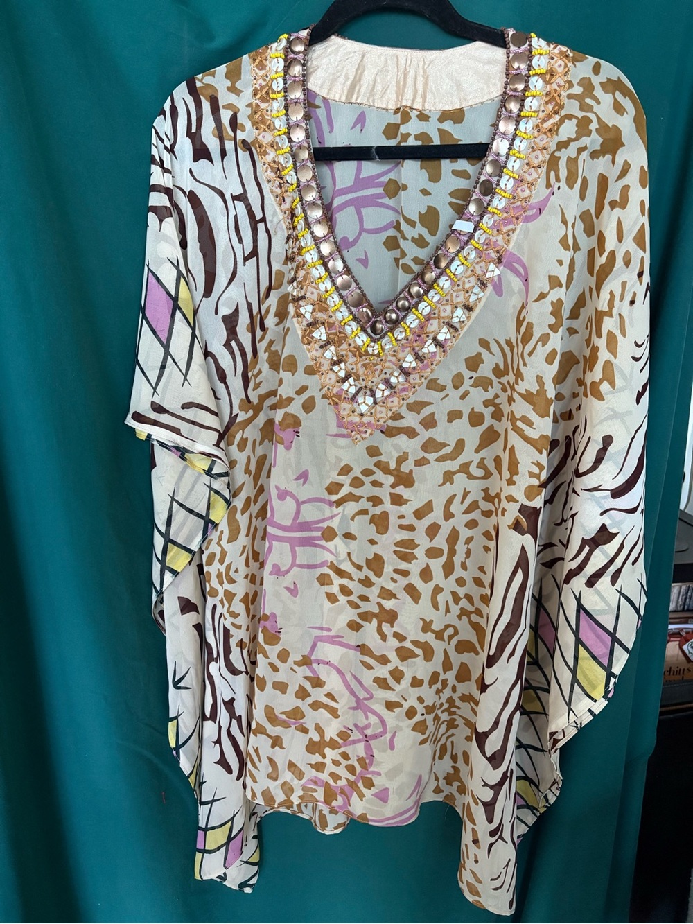 Beaded V-Neck Printed Women’s Tunic Top in Cream and Brown